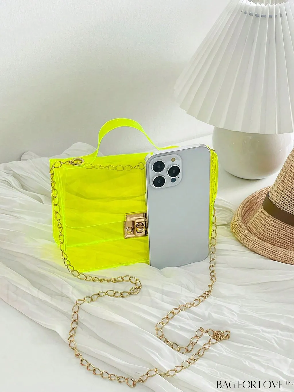 BagForLove - Neon Pink Clear Mini Square Bag: Stylish Top Handle for a Funky Look