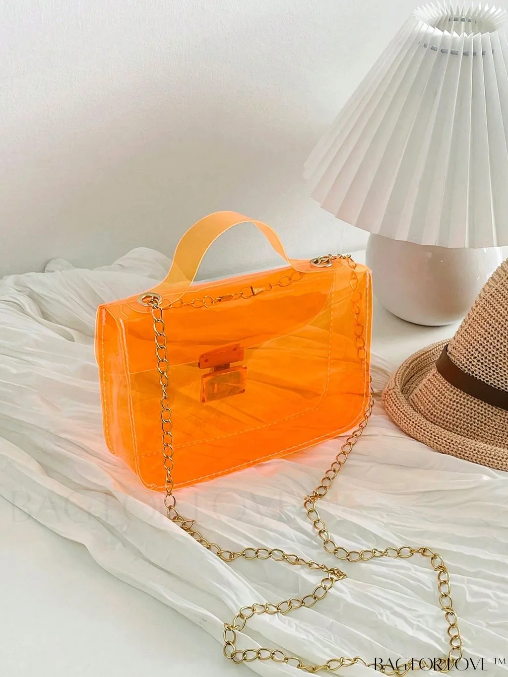 BagForLove - Neon Pink Clear Mini Square Bag: Stylish Top Handle for a Funky Look