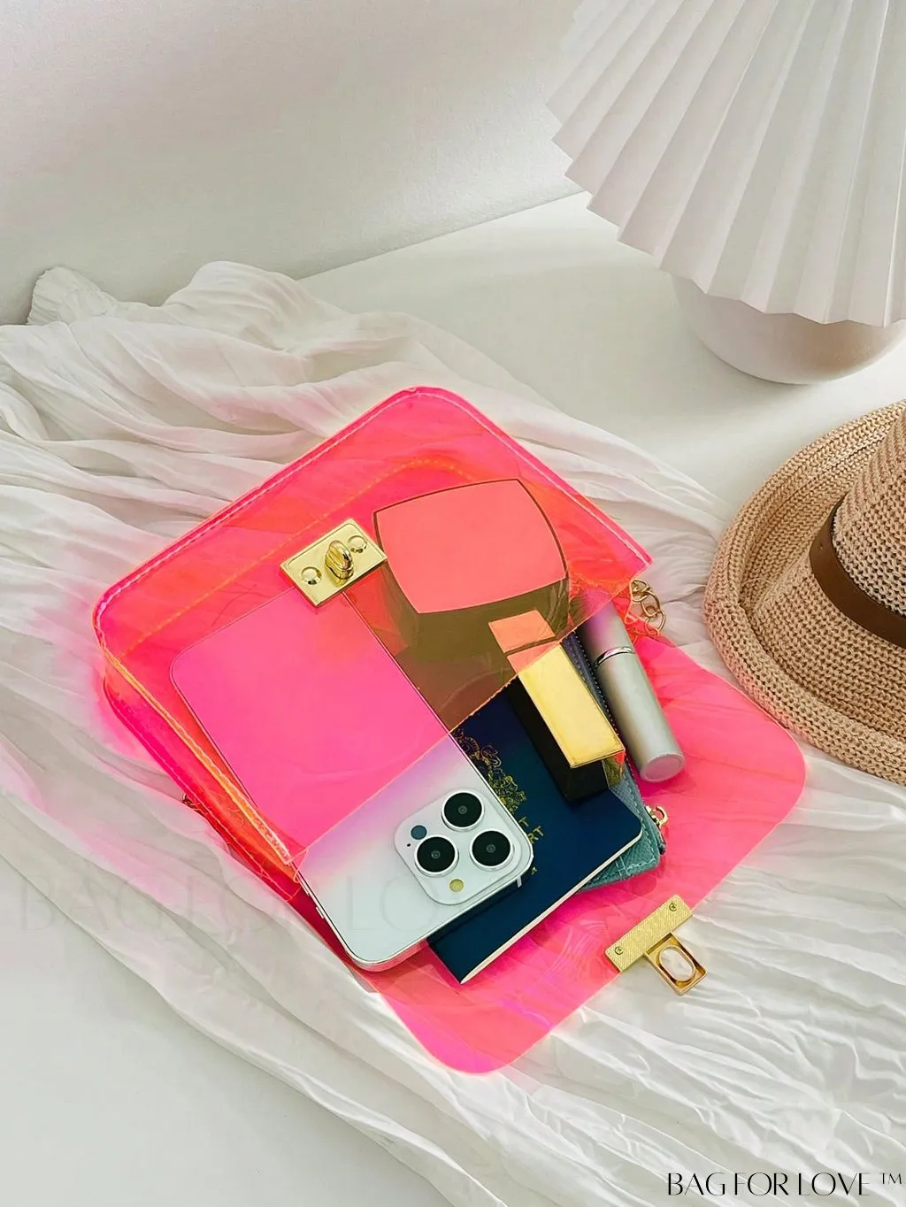 BagForLove - Neon Pink Clear Mini Square Bag: Stylish Top Handle for a Funky Look