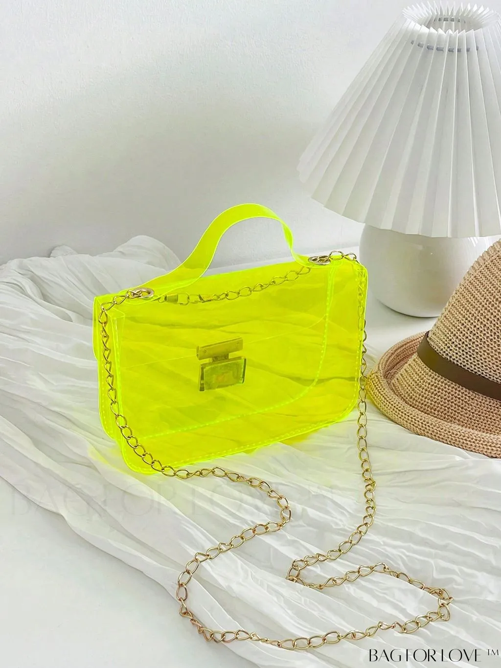 BagForLove - Neon Pink Clear Mini Square Bag: Stylish Top Handle for a Funky Look