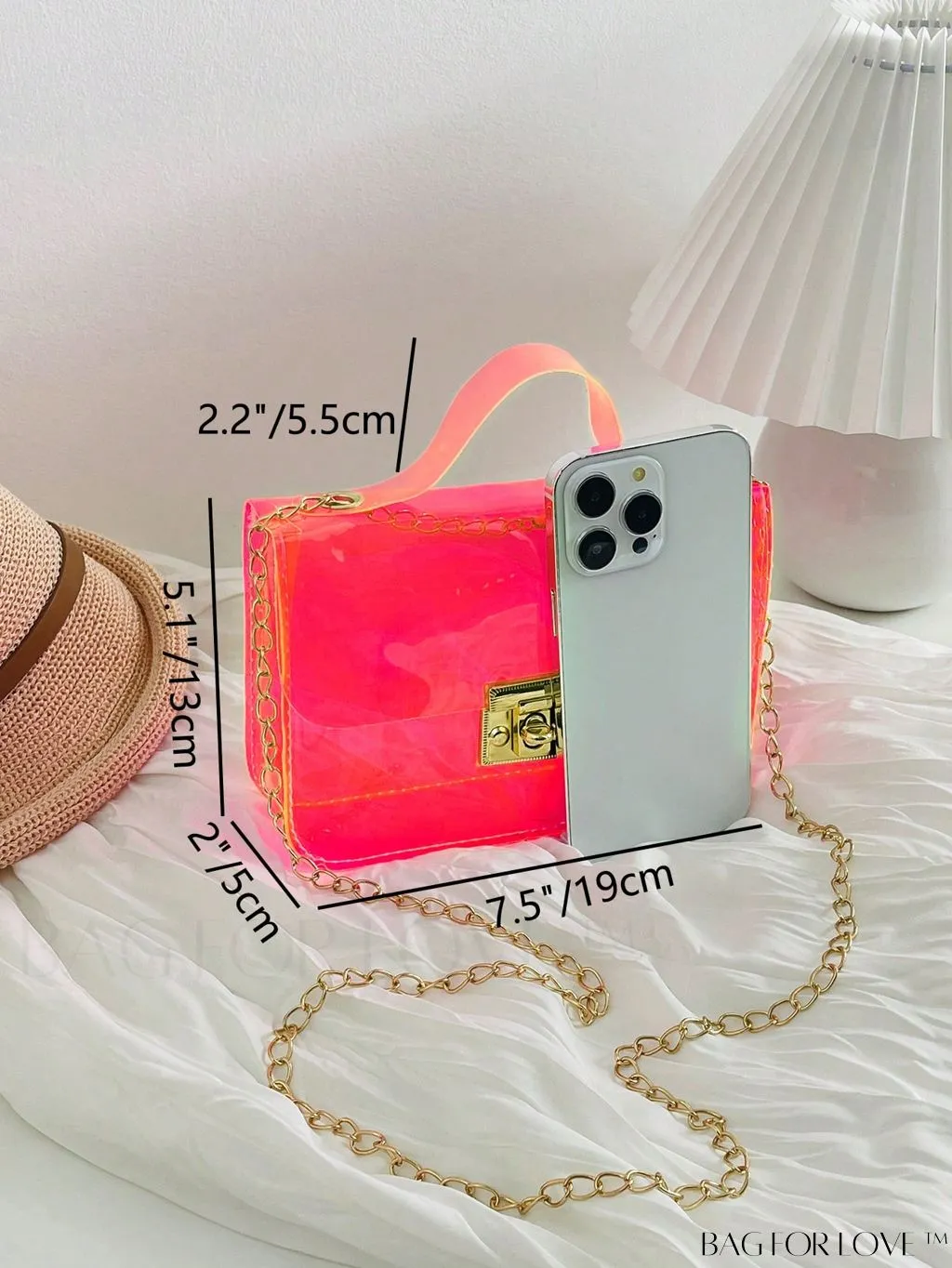 BagForLove - Neon Pink Clear Mini Square Bag: Stylish Top Handle for a Funky Look