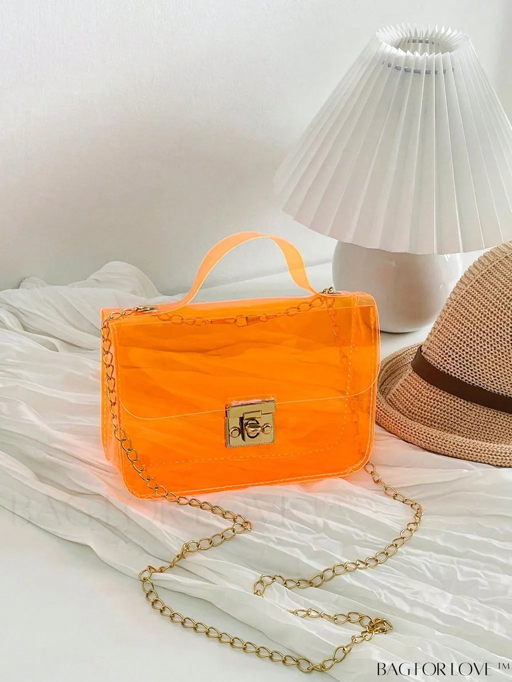 BagForLove - Neon Pink Clear Mini Square Bag: Stylish Top Handle for a Funky Look