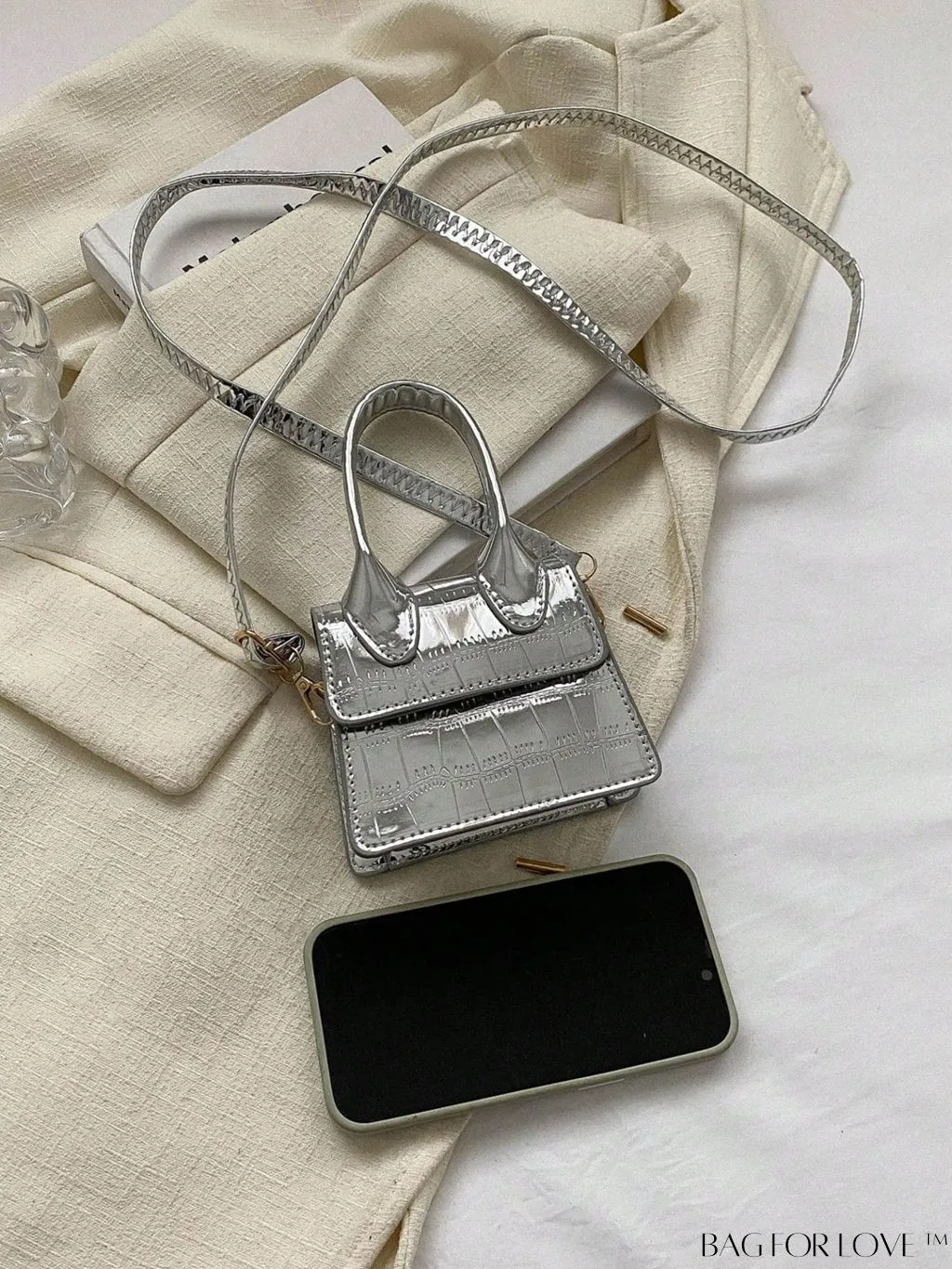 BagForLove - Silver Crocodile Embossed Mini Square Bag with Funky Appeal