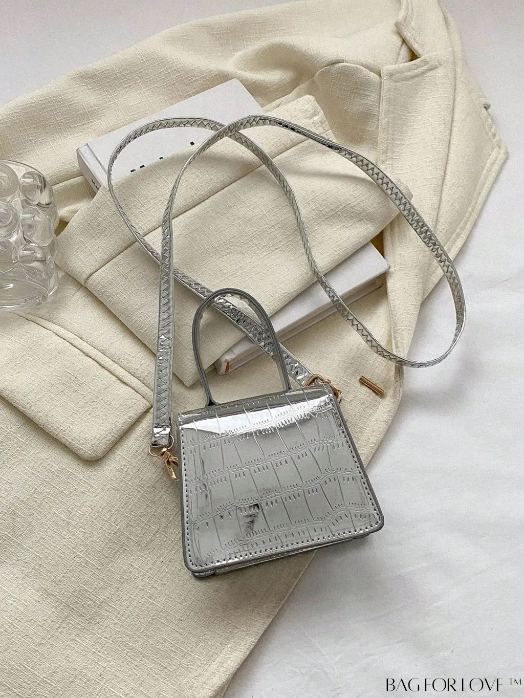 BagForLove - Silver Crocodile Embossed Mini Square Bag with Funky Appeal