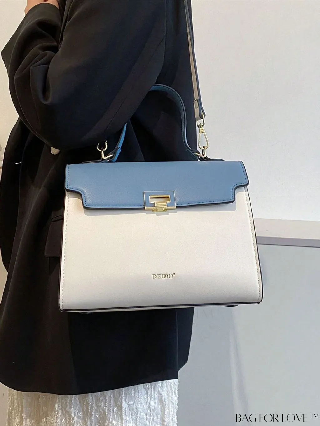 BagForLove - Two-Tone Letter Graphic Flap Square Bag - Medium Size