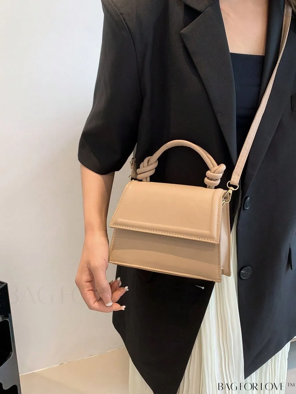 BagForLove - Versatile Adjustable-Strap Mini Square Bag in Black with Flap Cover - PU Material