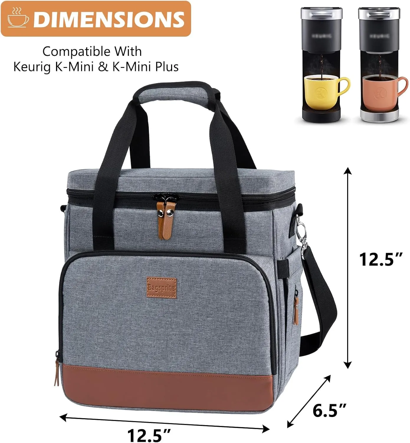 BAGSPRITE Coffee Maker Travel Bag Compatible with Keurig K-Mini or K-Mini Plus, Single Serve Coffee Brewer Carrying Case with Multiple Pockets for K-Cup Pods, Storage Bag With Shoulder Strap Grey