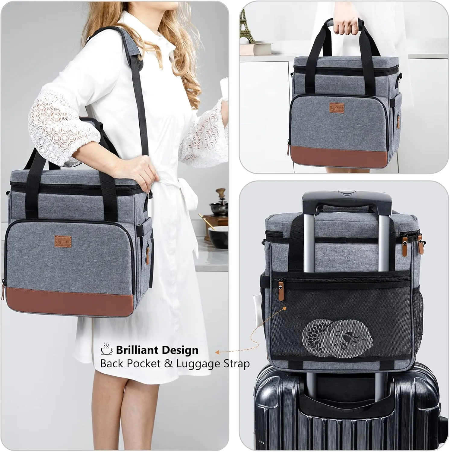 BAGSPRITE Coffee Maker Travel Bag Compatible with Keurig K-Mini or K-Mini Plus, Single Serve Coffee Brewer Carrying Case with Multiple Pockets for K-Cup Pods, Storage Bag With Shoulder Strap Grey
