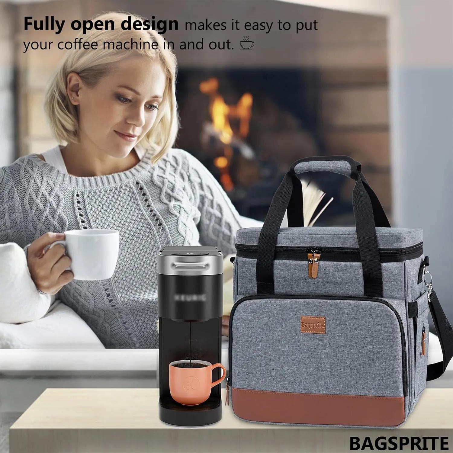 BAGSPRITE Coffee Maker Travel Bag Compatible with Keurig K-Mini or K-Mini Plus, Single Serve Coffee Brewer Carrying Case with Multiple Pockets for K-Cup Pods, Storage Bag With Shoulder Strap Grey