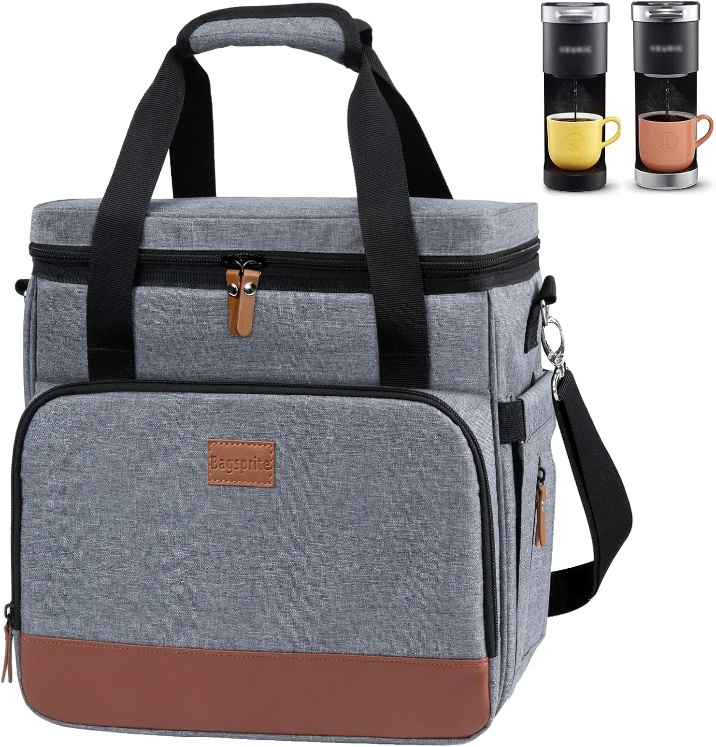 BAGSPRITE Coffee Maker Travel Bag Compatible with Keurig K-Mini or K-Mini Plus, Single Serve Coffee Brewer Carrying Case with Multiple Pockets for K-Cup Pods, Storage Bag With Shoulder Strap Grey