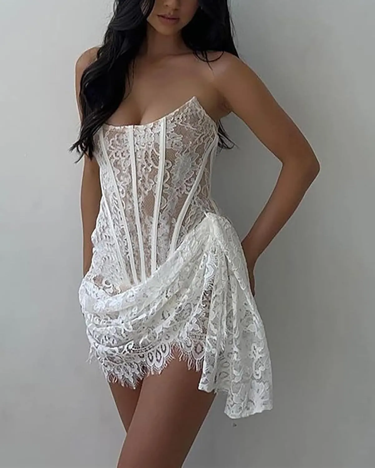 BAIMORE Women's Sexy Lace Draped Tube Mini Dress Strapless Bodycon Corset Dress