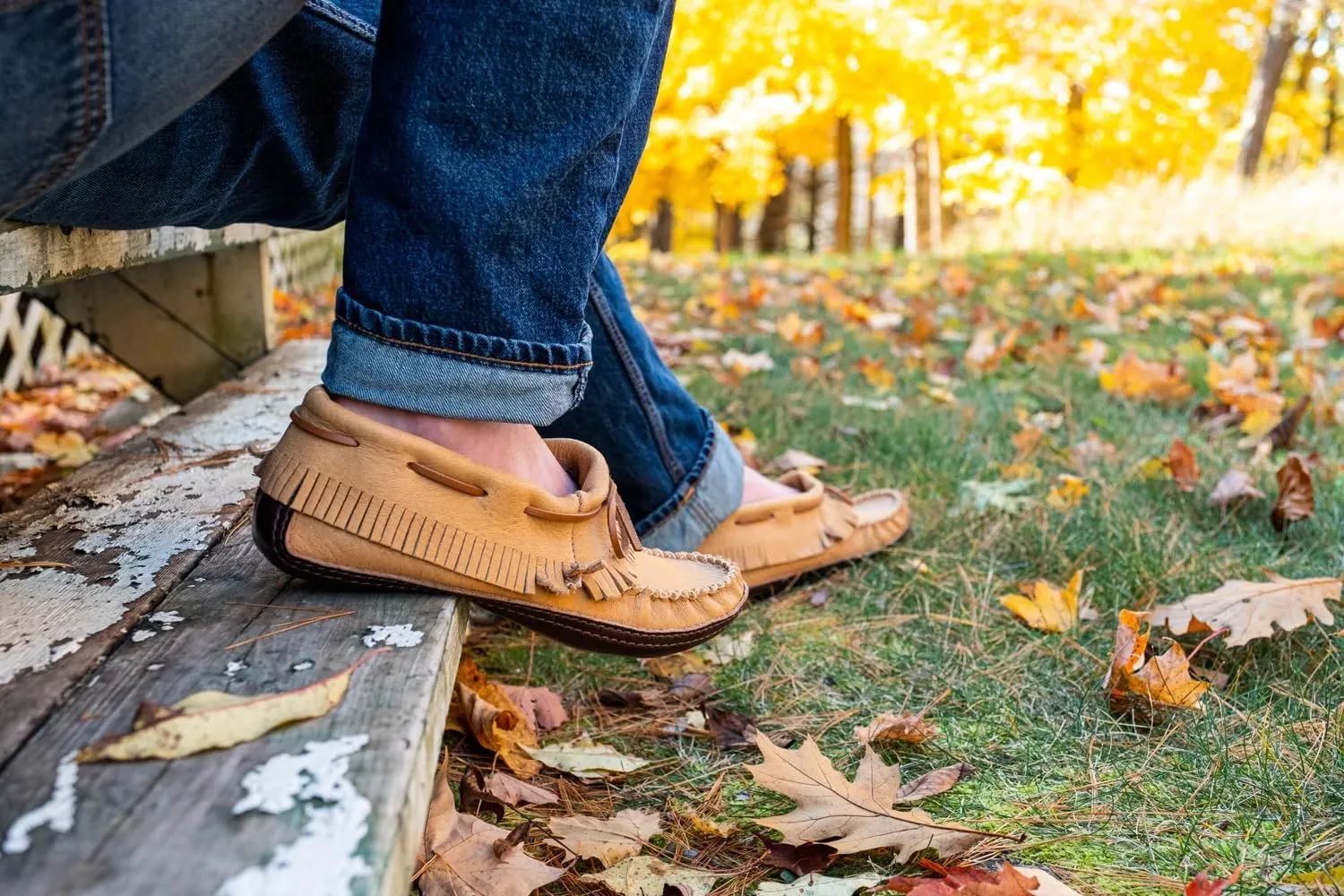 Bastien Industries Men's Moose Hide Leather with Heavy Oil Tan Sole Fringed Earthing Moccasins