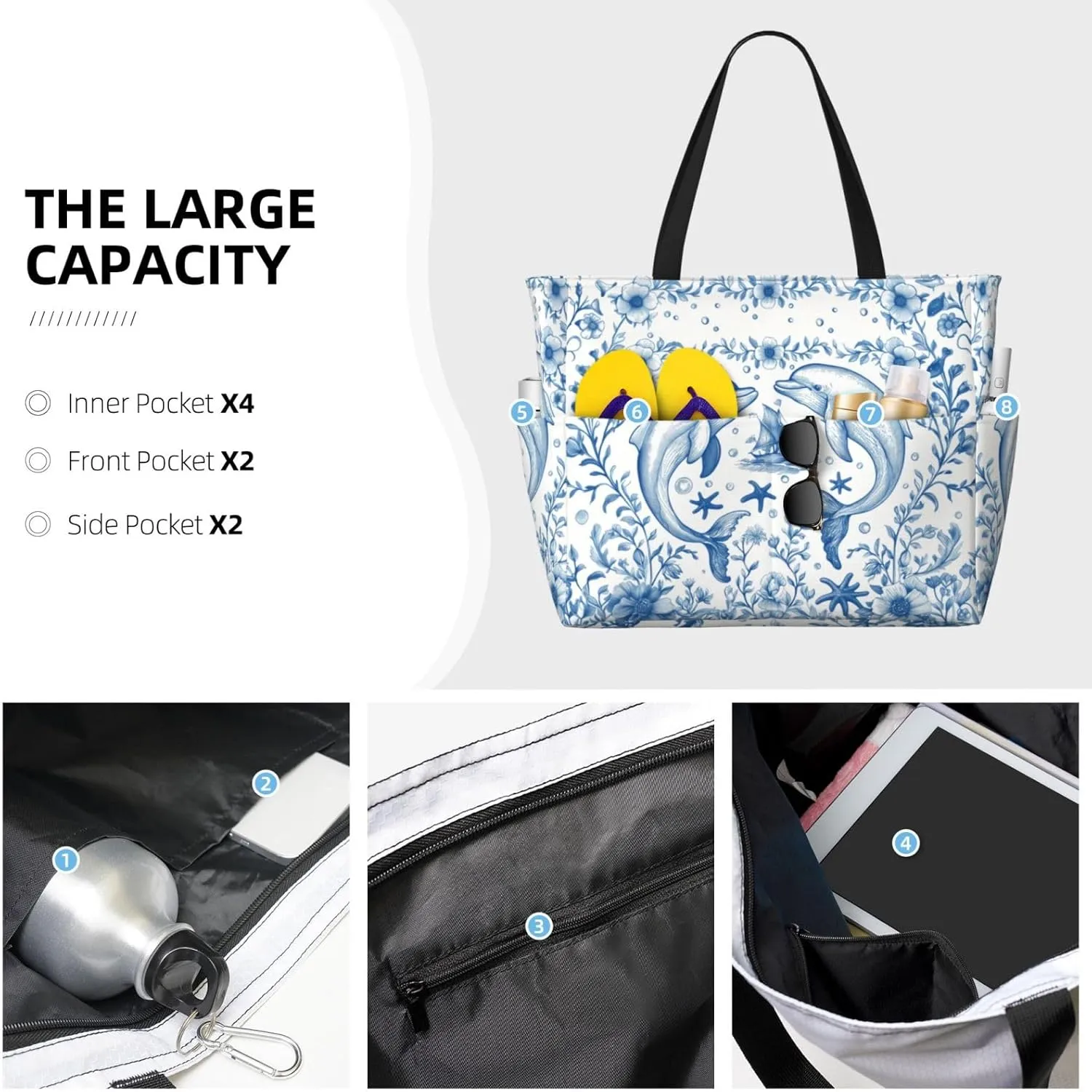 Beach Tote Pool Bag for Women Waterproof and Sand-proof Large Capacity with Zippers for Travel Vacation Gym