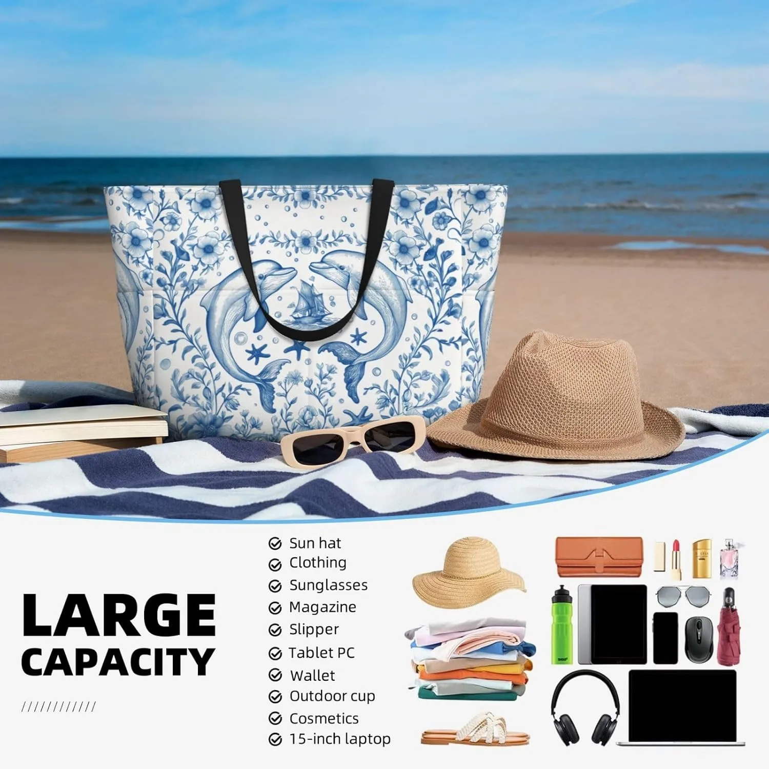 Beach Tote Pool Bag for Women Waterproof and Sand-proof Large Capacity with Zippers for Travel Vacation Gym