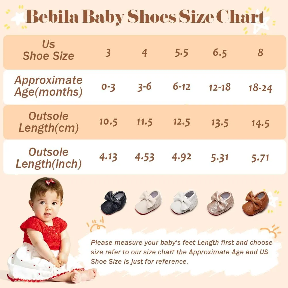 Bebila Double Bow Fringe Baby Moccasins - Soft Sole Baby Shoes Girls Toddler Crib Flats