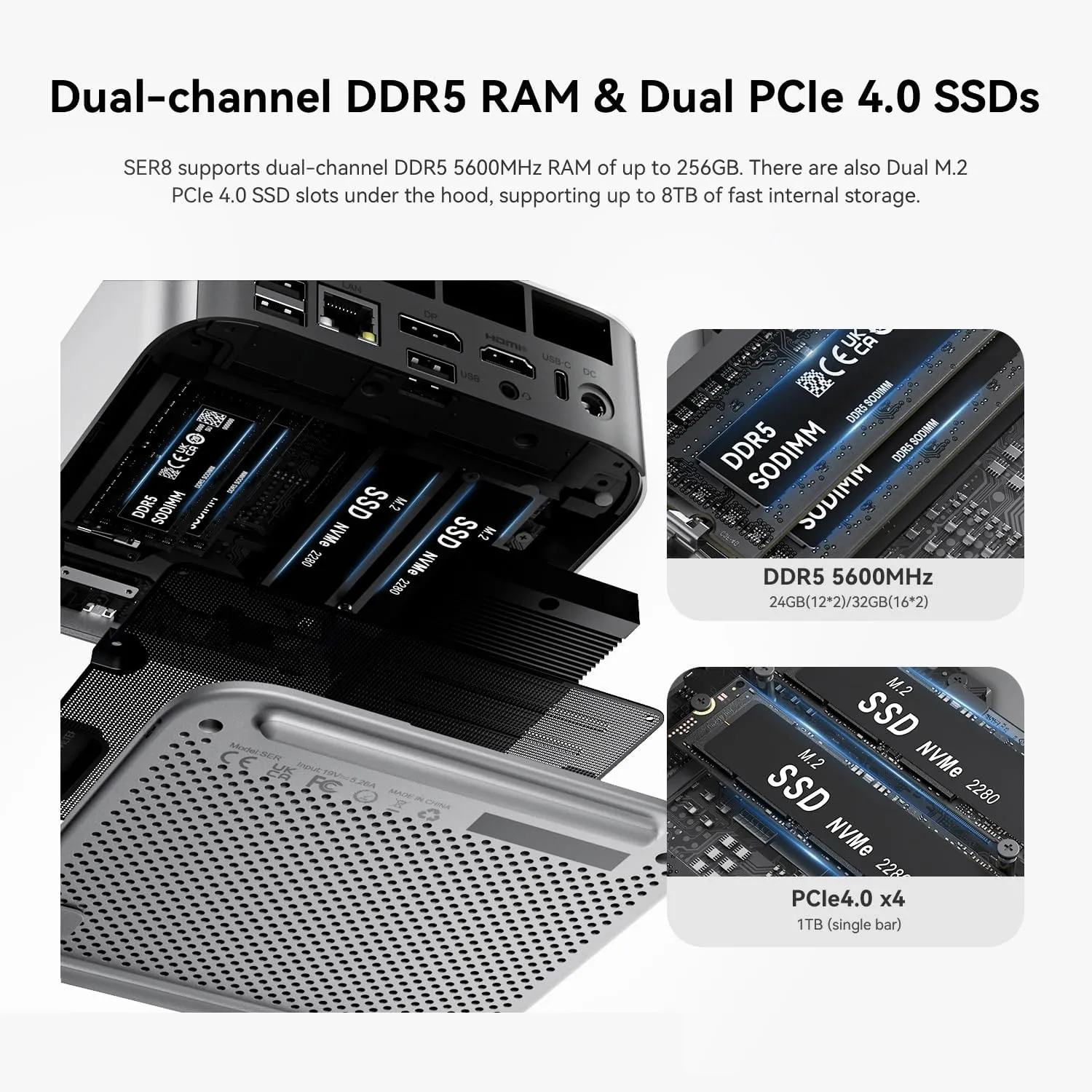 Beelink SER8 Mini PC, AMD Ryzen 7 8745HS(4nm, 8C/16T) up to 4.9GHz, Mini Computer 32GB DDR5 RAM 1TB M.2 NVME SSD, Desktop PC 4K@120Hz Triple Display, Mini Gaming Computer WiFi6/BT5.2/2.5Gbps/W-11 Pro