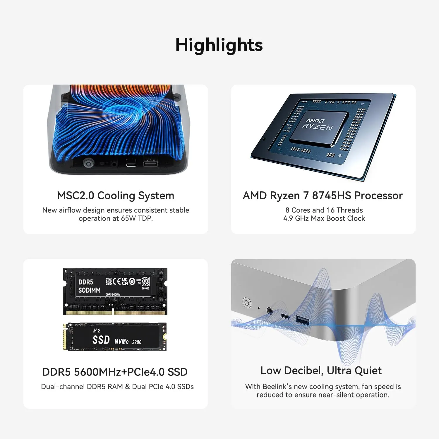 Beelink SER8 Mini PC, AMD Ryzen 7 8745HS(4nm, 8C/16T) up to 4.9GHz, Mini Computer 32GB DDR5 RAM 1TB M.2 NVME SSD, Desktop PC 4K@120Hz Triple Display, Mini Gaming Computer WiFi6/BT5.2/2.5Gbps/W-11 Pro