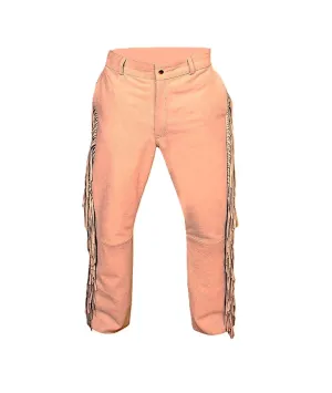 Beige Suede Leather Fringe Pants For Men Western Pant MFP1134