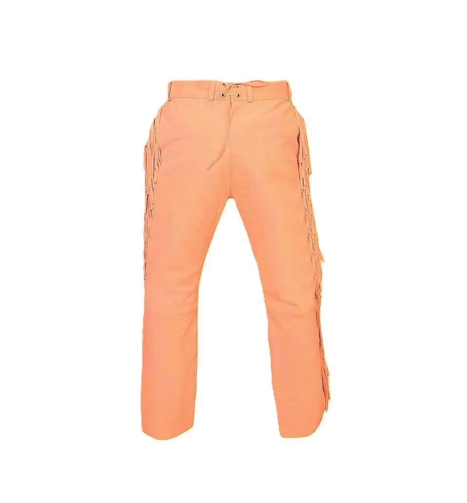 Beige Suede Leather Fringe Pants For Men Western Pant MFP1134