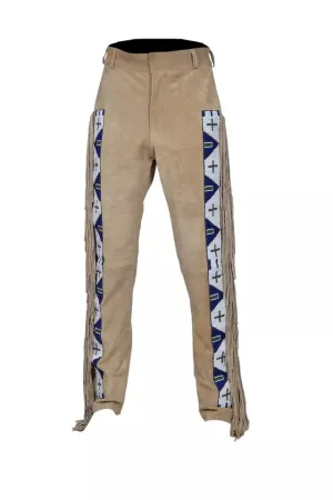 Beige Suede Leather Fringe Pants Native Beaded Pants For Men Western Pant MFP3002