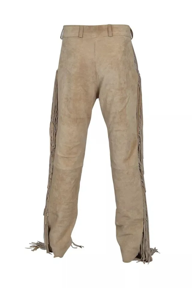 Beige Suede Leather Fringe Pants Native Beaded Pants For Men Western Pant MFP3002
