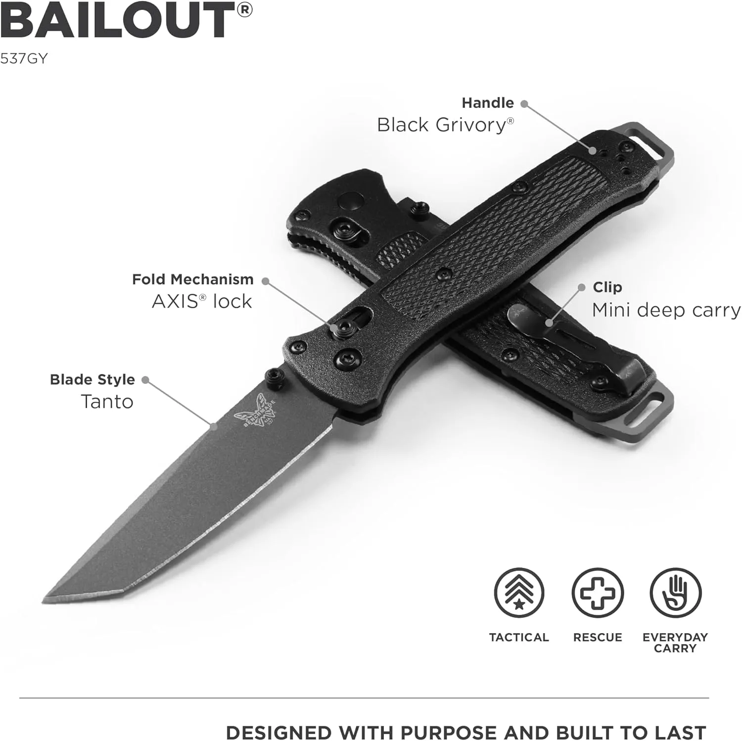 Benchmade - Bailout 537GY EDC Knife, Tanto Blade with Black Grivory Handle (537GY)