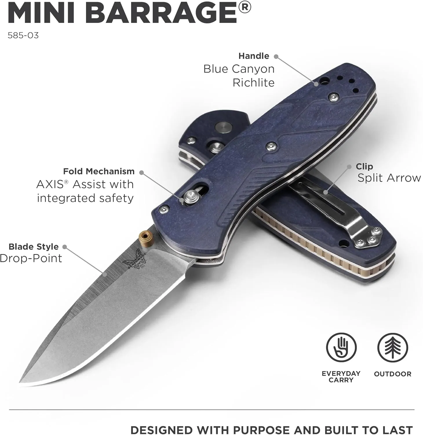Benchmade - Mini Barrage 585 EDC Knife with Blue Canyon Richlite Handle (585-03)