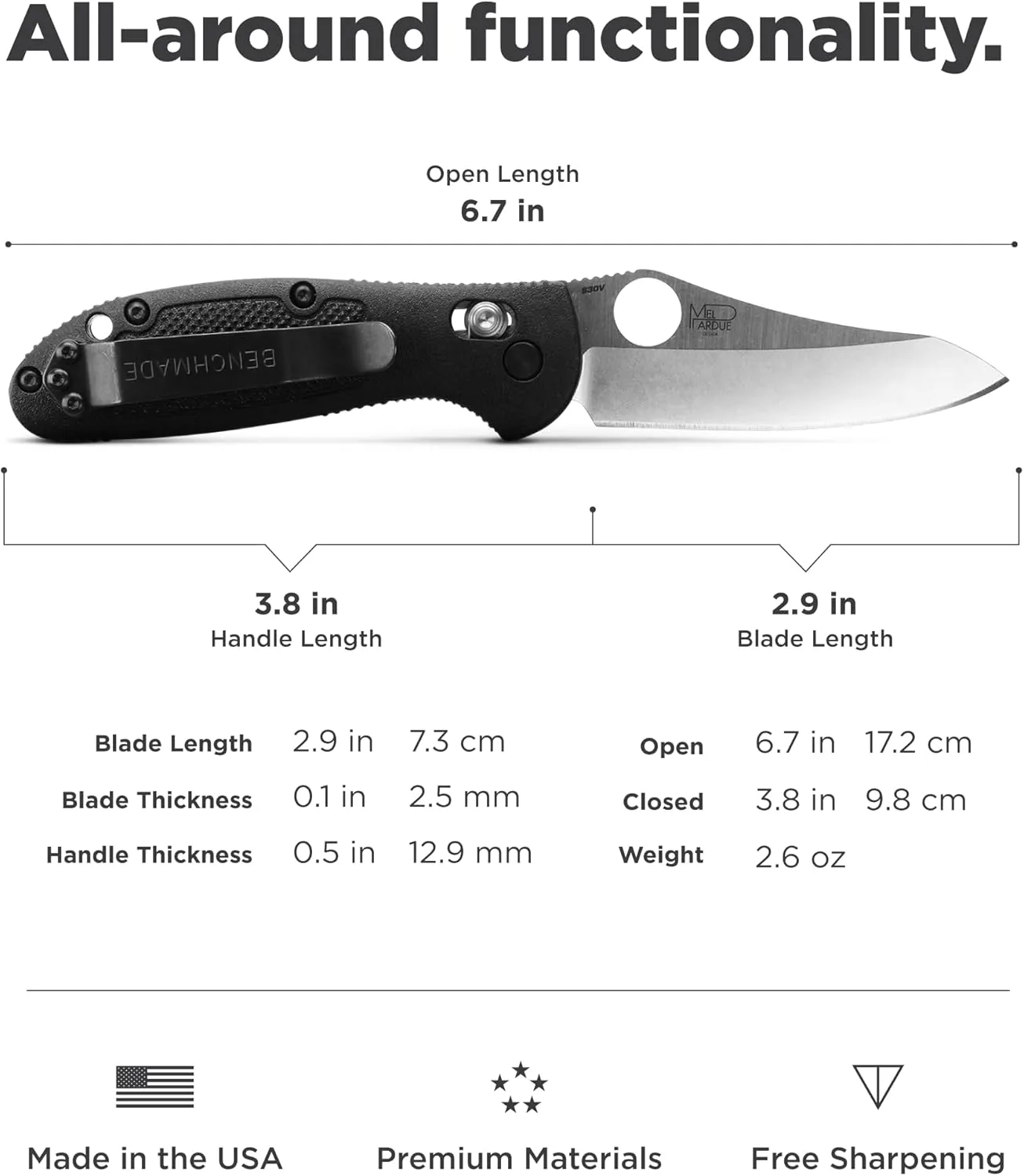 Benchmade - Mini Griptilian EDC Knife with CPM-S30V Steel, Drop-Point Blade, Made in the USA