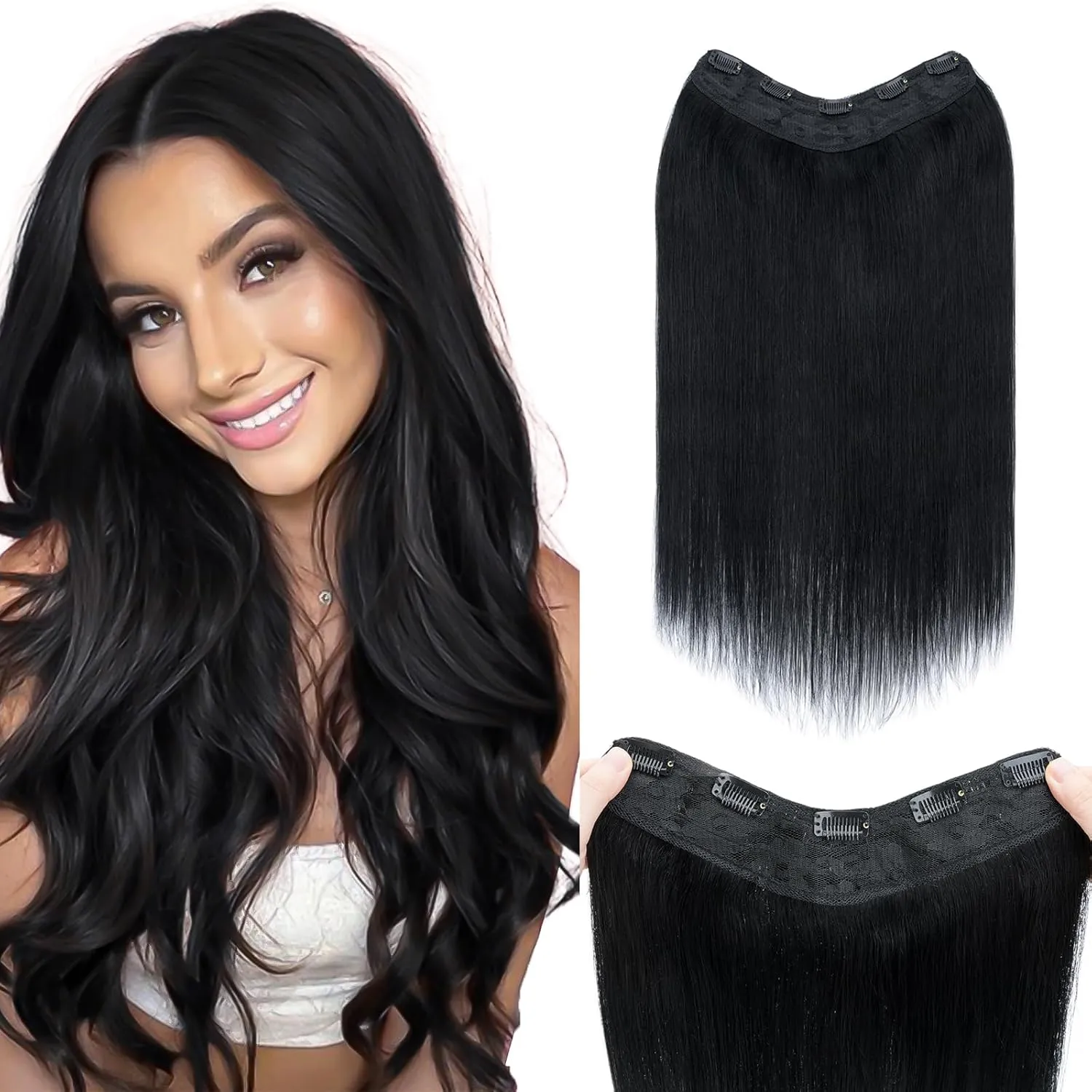 Benehair One Piece Clip in Hair Extensions Real Human Hair 3/4 Full Head V Shaped Weft Thicker Hair Lace Net One Piece Hair Extensions with 5 Clips (18"-70g #1 Dark Black)