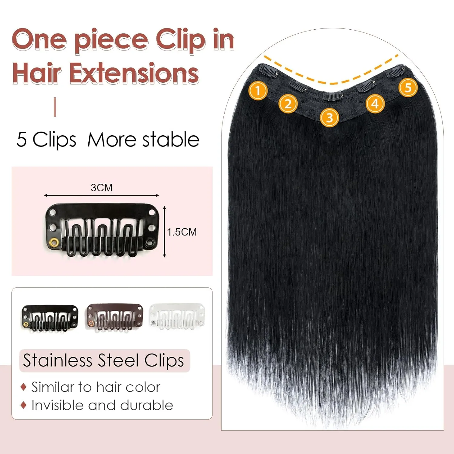 Benehair One Piece Clip in Hair Extensions Real Human Hair 3/4 Full Head V Shaped Weft Thicker Hair Lace Net One Piece Hair Extensions with 5 Clips (18"-70g #1 Dark Black)