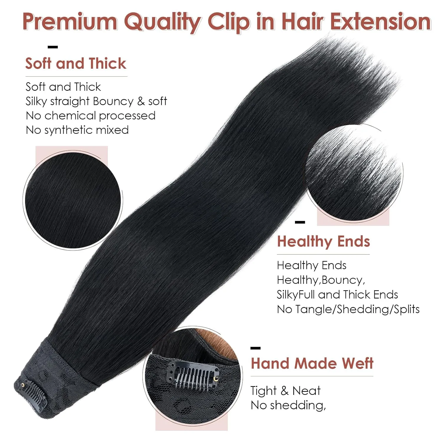 Benehair One Piece Clip in Hair Extensions Real Human Hair 3/4 Full Head V Shaped Weft Thicker Hair Lace Net One Piece Hair Extensions with 5 Clips (18"-70g #1 Dark Black)
