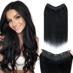 Benehair One Piece Clip in Hair Extensions Real Human Hair 3/4 Full Head V Shaped Weft Thicker Hair Lace Net One Piece Hair Extensions with 5 Clips (18"-70g #1 Dark Black)