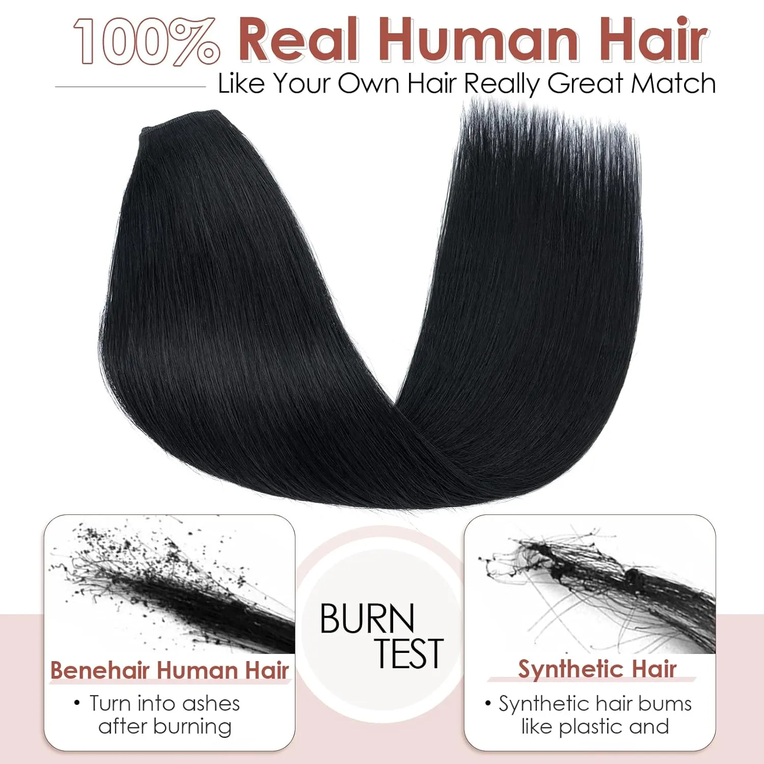 Benehair One Piece Clip in Hair Extensions Real Human Hair 3/4 Full Head V Shaped Weft Thicker Hair Lace Net One Piece Hair Extensions with 5 Clips (18"-70g #1 Dark Black)