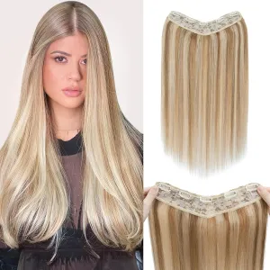 Benehair One Piece Clip in Hair Extensions Real Human Hair 3/4 Full Head V Shaped Weft Thicker Hair Lace Net One Piece Hair Extensions with 5 Clips (18"-70g #12P613 Golden Brown Mixed Bleach Blonde)