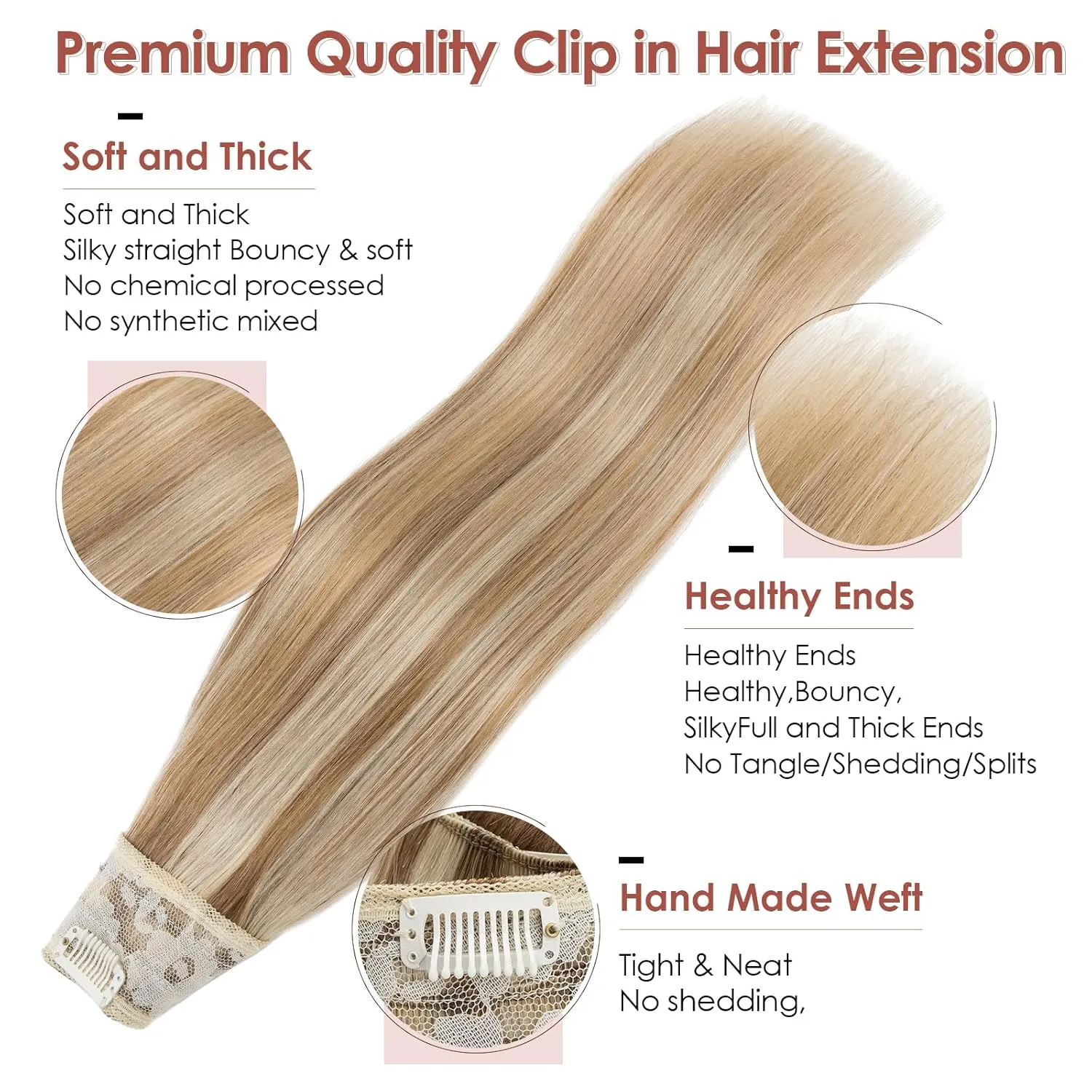 Benehair One Piece Clip in Hair Extensions Real Human Hair 3/4 Full Head V Shaped Weft Thicker Hair Lace Net One Piece Hair Extensions with 5 Clips (18"-70g #12P613 Golden Brown Mixed Bleach Blonde)