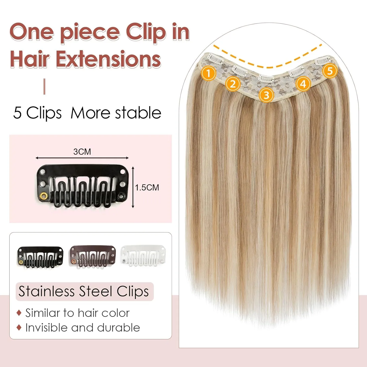 Benehair One Piece Clip in Hair Extensions Real Human Hair 3/4 Full Head V Shaped Weft Thicker Hair Lace Net One Piece Hair Extensions with 5 Clips (18"-70g #12P613 Golden Brown Mixed Bleach Blonde)