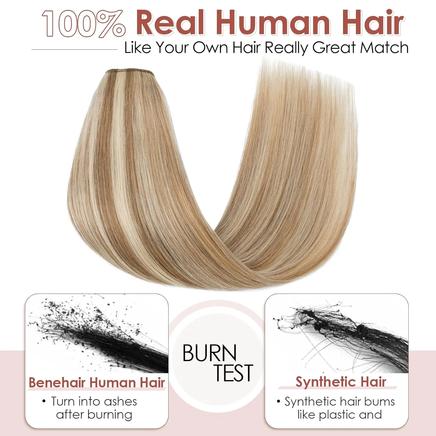 Benehair One Piece Clip in Hair Extensions Real Human Hair 3/4 Full Head V Shaped Weft Thicker Hair Lace Net One Piece Hair Extensions with 5 Clips (18"-70g #12P613 Golden Brown Mixed Bleach Blonde)