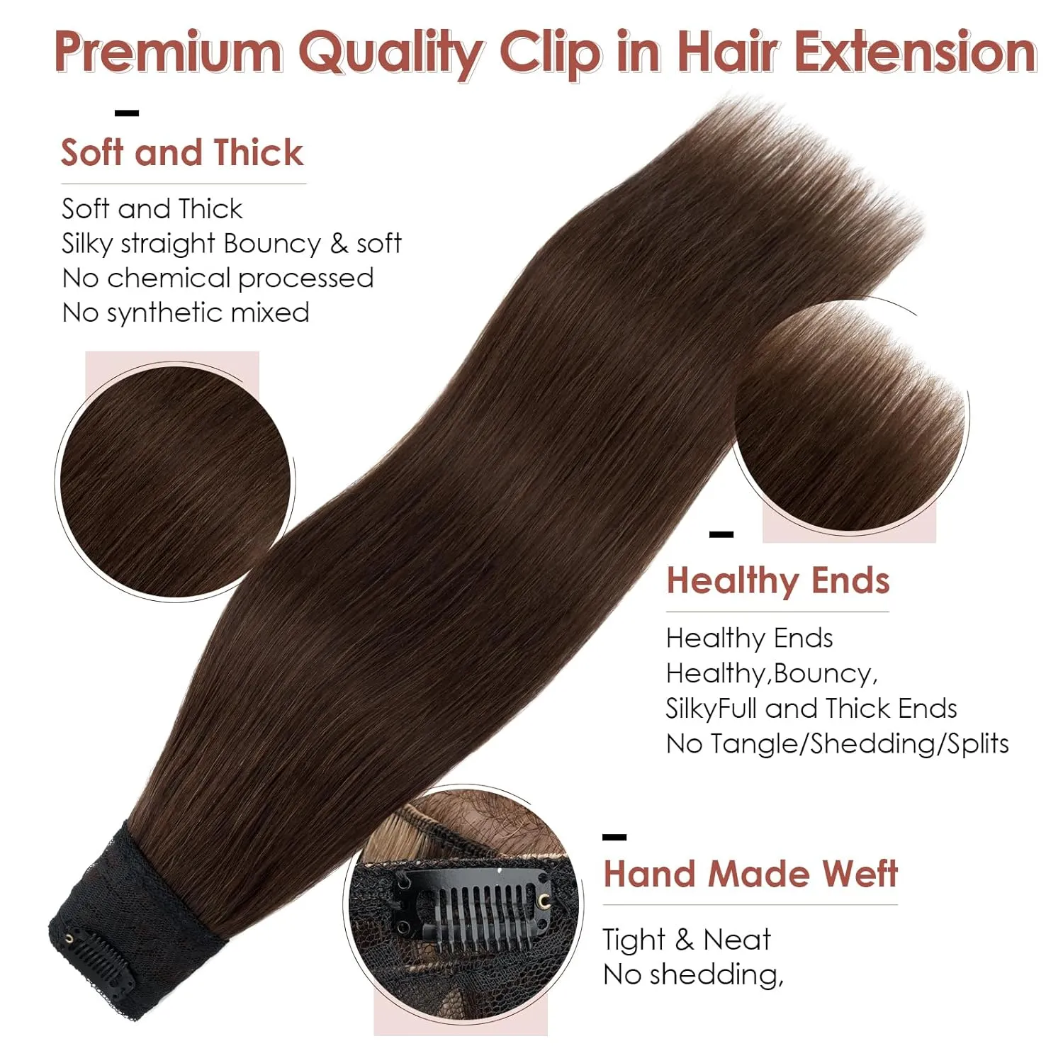 Benehair One Piece Clip in Hair Extensions Real Human Hair with 5 Clips 3/4 Full Head V Shaped Weft Thicker Hair Lace Net One Piece Hair Extensions (18"-70g #4 Medium Brown)