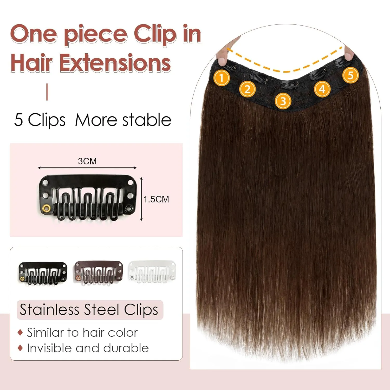 Benehair One Piece Clip in Hair Extensions Real Human Hair with 5 Clips 3/4 Full Head V Shaped Weft Thicker Hair Lace Net One Piece Hair Extensions (18"-70g #4 Medium Brown)