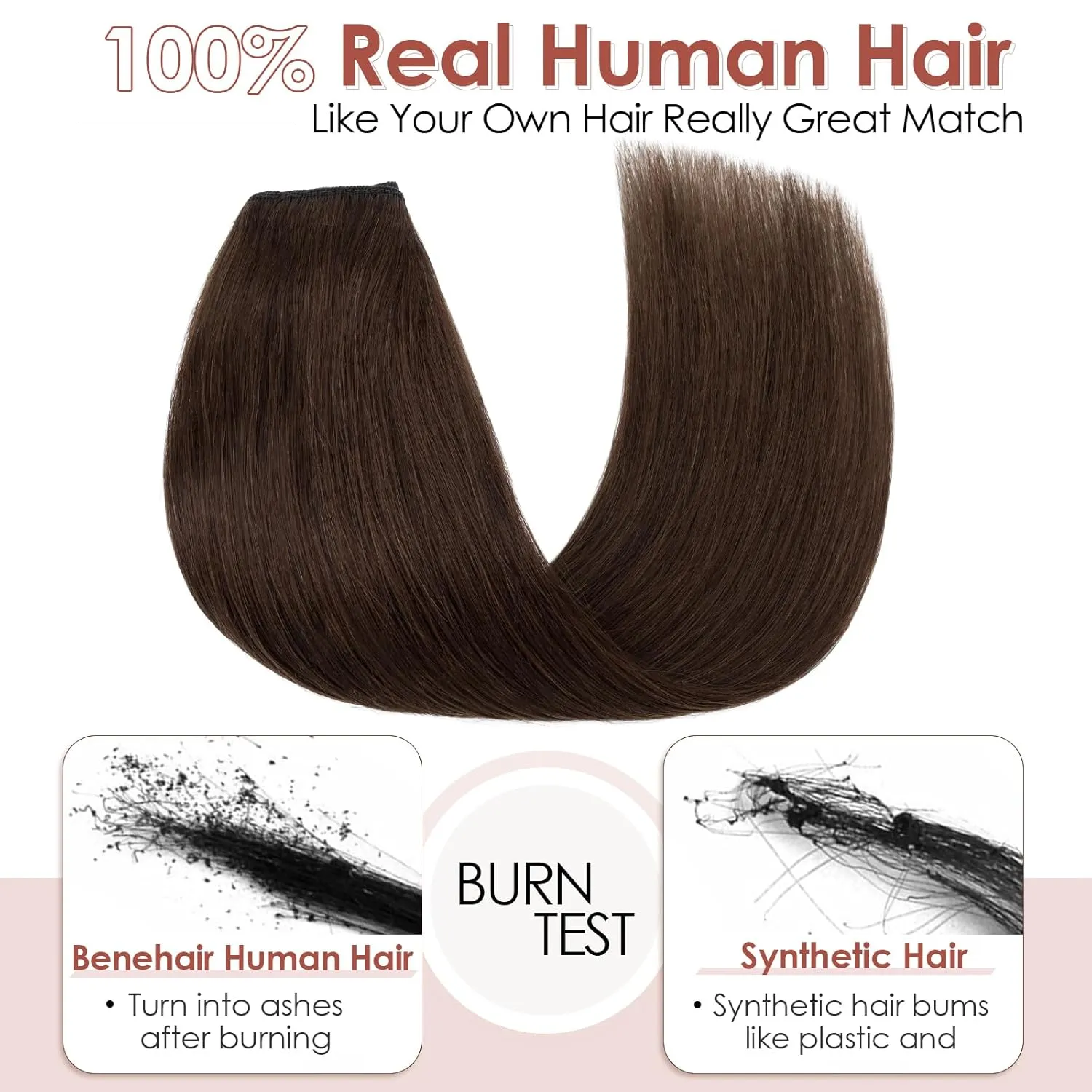 Benehair One Piece Clip in Hair Extensions Real Human Hair with 5 Clips 3/4 Full Head V Shaped Weft Thicker Hair Lace Net One Piece Hair Extensions (18"-70g #4 Medium Brown)