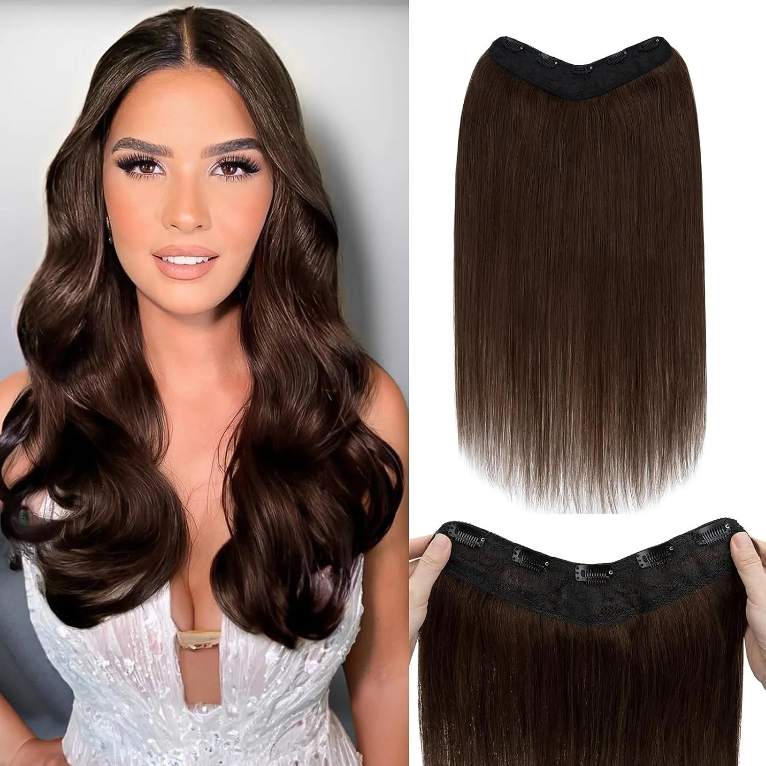 Benehair One Piece Clip in Hair Extensions Real Human Hair with 5 Clips 3/4 Full Head V Shaped Weft Thicker Hair Lace Net One Piece Hair Extensions (18"-70g #4 Medium Brown)