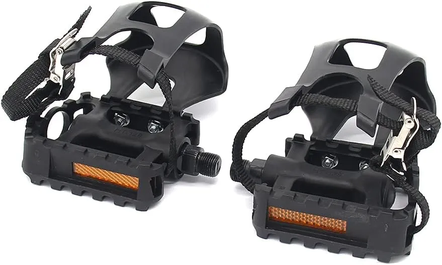 Bike Pedals, Bicycle Pedals Fitness Exercise Spin Bike with Toe Clips Cage and Straps for Outdoor Cycling and Indoor Stationary Bike 9/16-Inch Spindle Resin/Alloy Bicycle Multi-Purpose Pedals