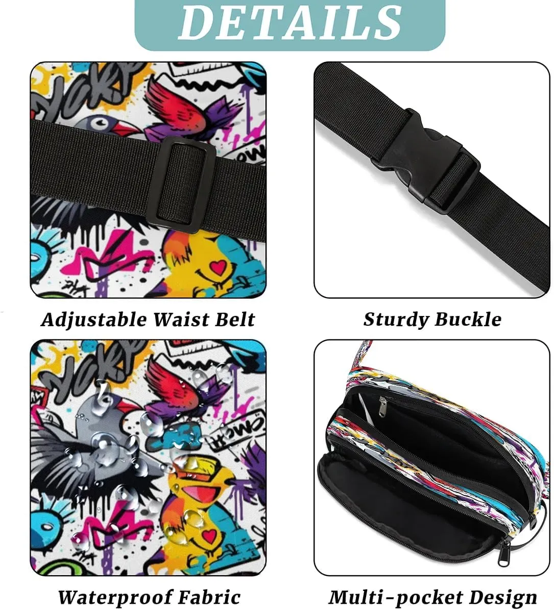Bird Doodle Print Men's and Women's Waist Pack Crossbody Geometric Prints Waist Pack Running Strap, Adjustable Shoulder Strap - For Hiking and Running Exercise Fitness