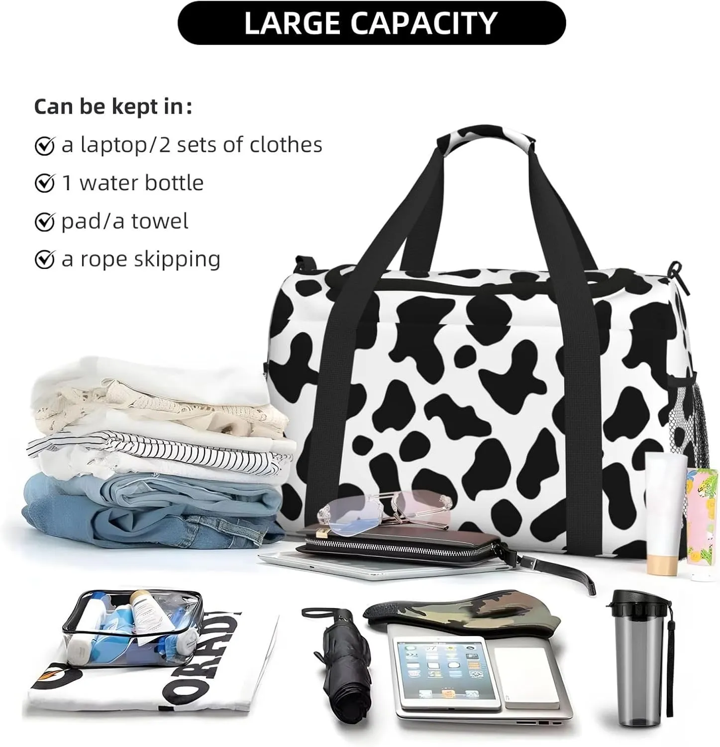 Black And White Cow Print Travel Weekender Overnight Bags Foldable Hand Travel Bag Sport Gym Duffel Bag For Men Women