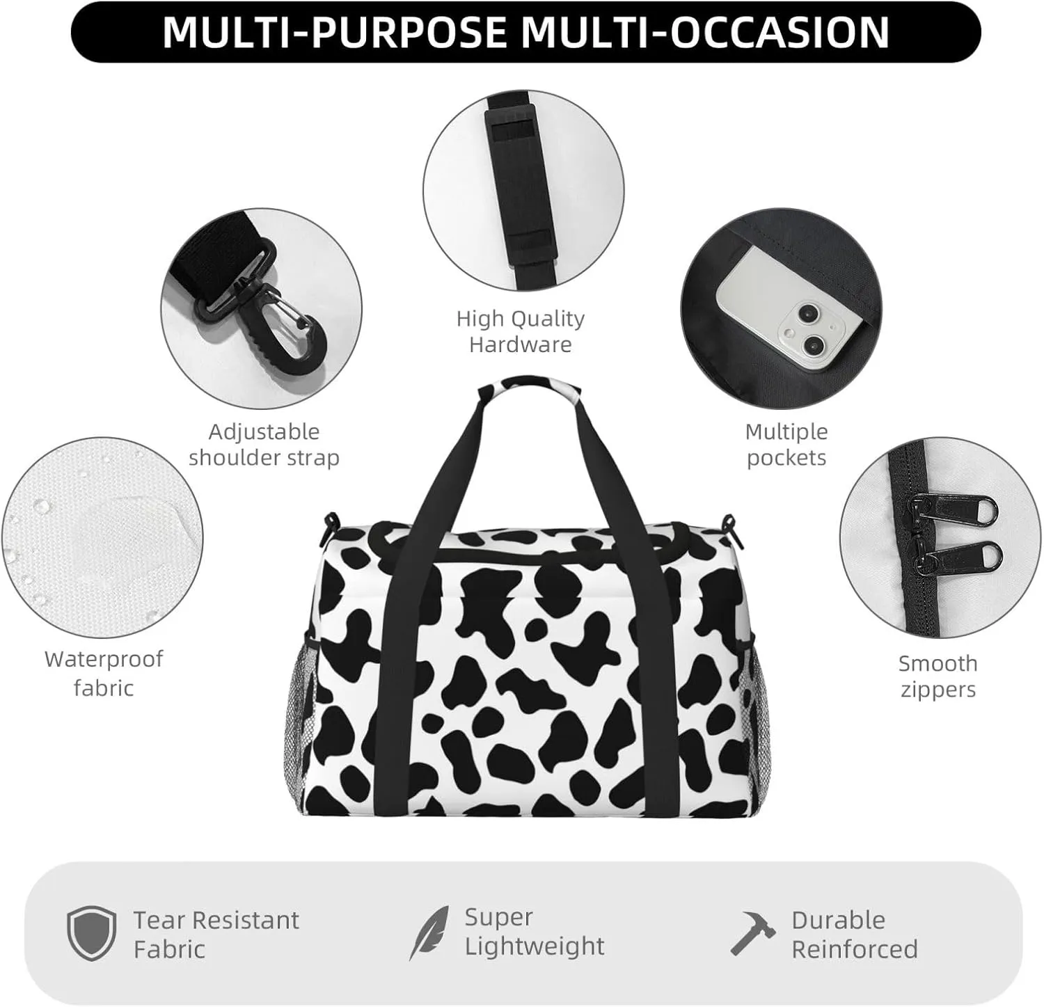 Black And White Cow Print Travel Weekender Overnight Bags Foldable Hand Travel Bag Sport Gym Duffel Bag For Men Women