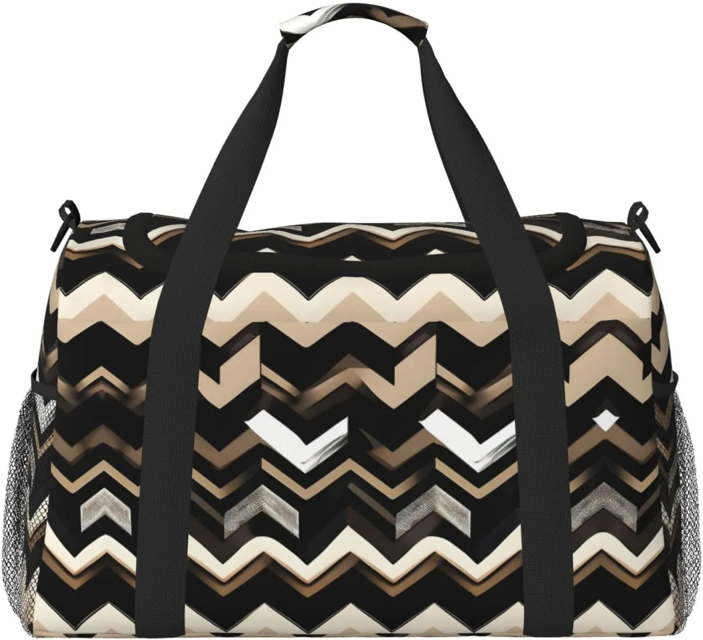 Black White Tan Zigzag print Weekender Overnight Carry On Bag Gym Luggage Bag Duffel Bag for Travel Women