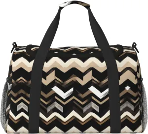 Black White Tan Zigzag print Weekender Overnight Carry On Bag Gym Luggage Bag Duffel Bag for Travel Women