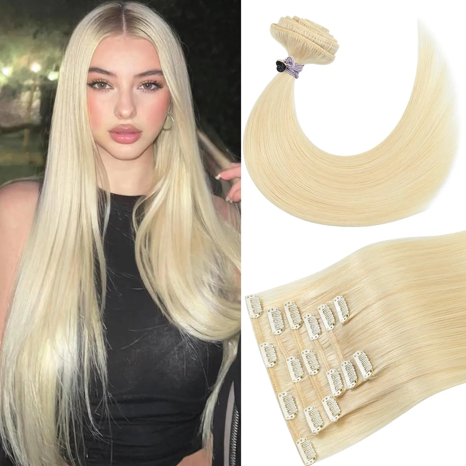 Blonde Human Hair Extensions Clip ins 18 Inch Platinum Blonde Clip in Hair Extensions for women 75g 100% Remy Human Hair Clip in Soft Silky Hair