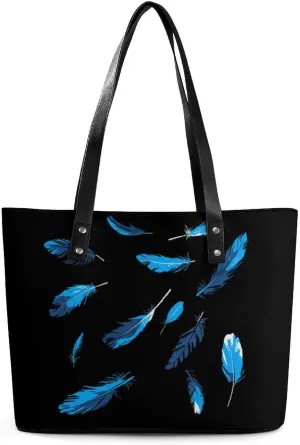 Blue Feathers Women's Tote Shoulder Bag Handbag Top Handle Leather 29 * 34 * 14cm