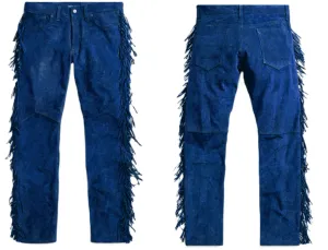 Blue Suede Leather Fringe Pants Jeans Style For Men Western Pant MFP1108